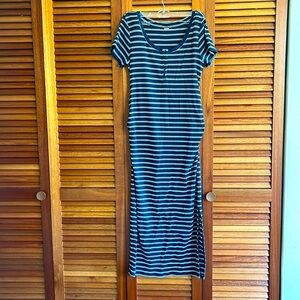 Fitted Short-Sleeve Striped Rib-Knit Midi Dress